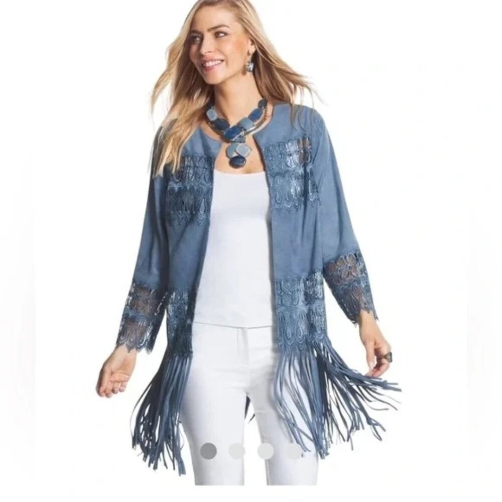 Chicos Sz S US Faux Suede Fringe Lace Open Front Jacket RAA10423 Blue NWT